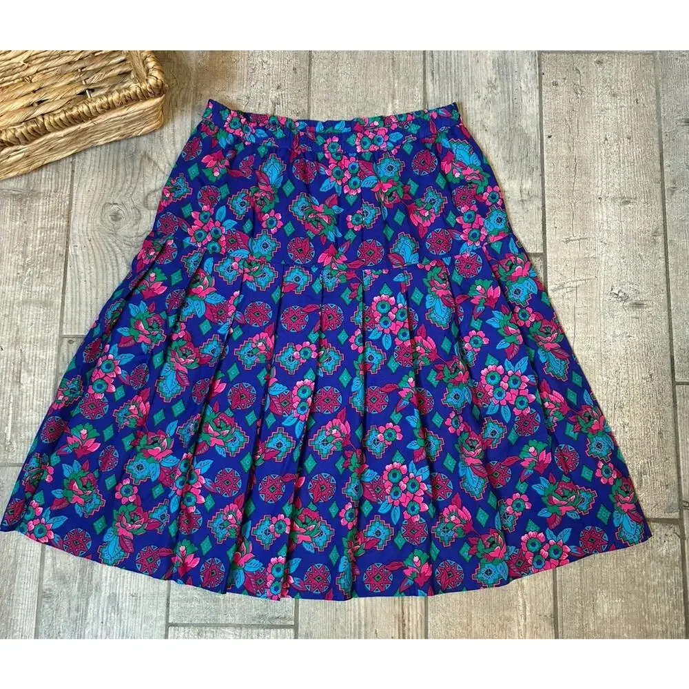 Vtg Liz Claiborne Sport Pleated Midi Skirt & Blouse Set Jewel Tone Floral Size 4